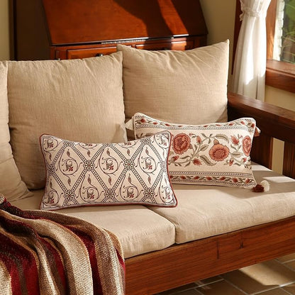 ISAENNE Design Linen Lumbar Vintage Throw Pillow Covers 12"x20",Red Euro Cushion Covers with Orange Floral Green Leaves Pattern Decor Pillowcases for Bed,Living Room,Outdoor,Car