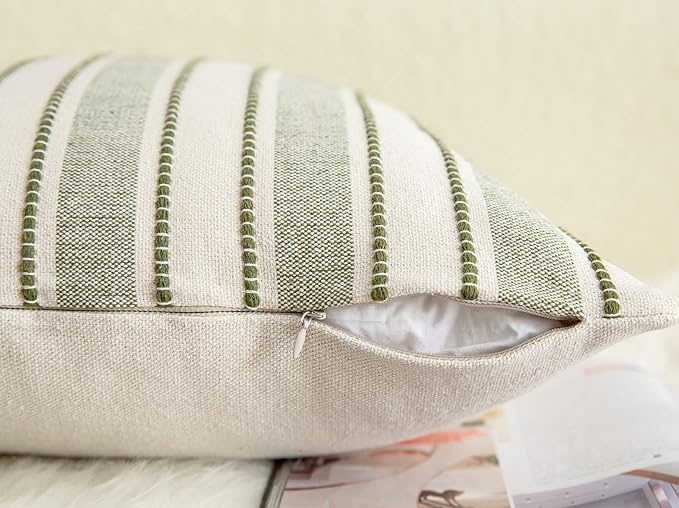 Decorative Boho Throw Pillow Covers, Farmhouse Textured Pillow Case, 18 x 18 Inch Set of 2, Chair Sofa Bedroom Living Room Home Decor Couch Cushion Case, Olive Green and Beige Striped
