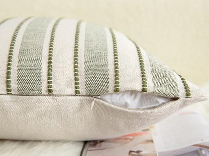 Decorative Boho Throw Pillow Covers, Farmhouse Textured Pillow Case, 18 x 18 Inch Set of 2, Chair Sofa Bedroom Living Room Home Decor Couch Cushion Case, Olive Green and Beige Striped