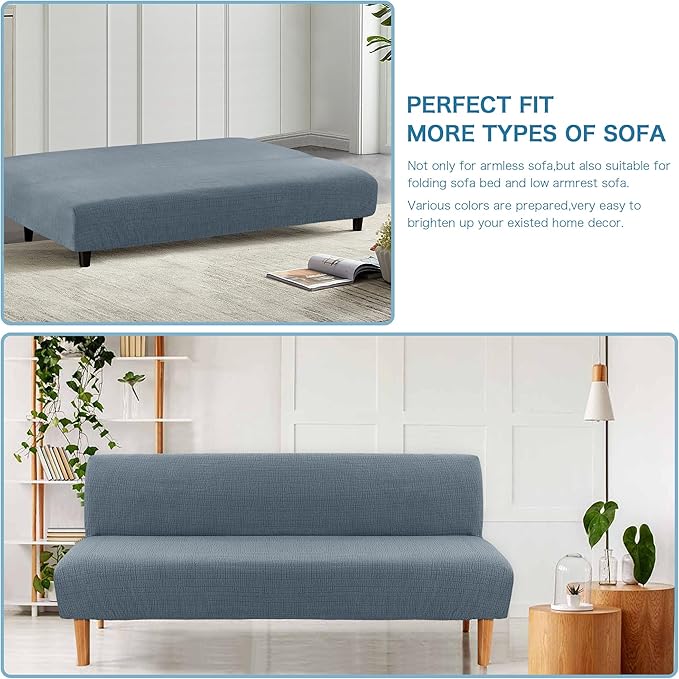 H.VERSAILTEX 100% Waterproof Stretch Futon Slipcover Armless Sofa Cover Furniture Protector Without Armrests Slipcover Soft with Elastic Bottom for Kids, Spandex Jacquard Small Checks, Stone Blue