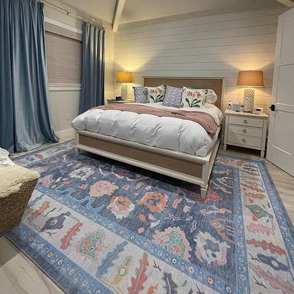 Fame Rugs Blue Modern Oushak Rug 2x3, Vintage Doormat Turkish Colorful Oriental Antique Inspired Washable Small Area Rug, Luxury Living Room Bedroom (387BNB, 2' x 3')