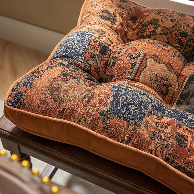 vctops Boho Paisley Chair Cushions with Ties Patchwork Square Soft Cozy Cotton Linen Chair Pads Non Slip Seat Cushions for Indoor Dining Room and Kitchen Chairs (Orange,16"x16")