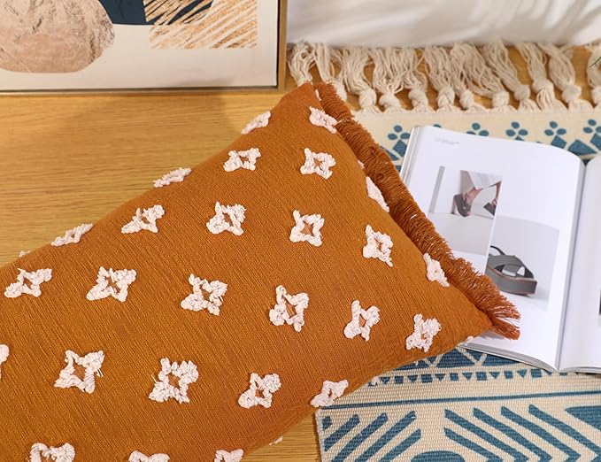 Boho Long Lumbar Pillow Cover 14x20 with Tassel,3D Flower Patterned Cotton Decorative Long Lumbar Pillow Cover Pillow Case for Sofa Couch Bed Livingroom Farmhouse,Rust Red