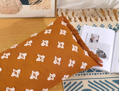 Boho Long Lumbar Pillow Cover 14x28 with Tassel,3D Flower Patterned Cotton Decorative Long Lumbar Pillow Cover Pillow Case for Sofa Couch Bed Livingroom Farmhouse,Rust Red