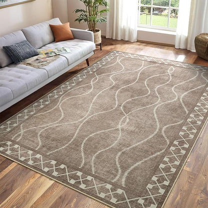 5x7 Area Rugs for Living Room, Machine Washable Rugs, Non-Slip Backing Low Pile Indoor Floor Rugs, Large Modern Carpet for Bedroom Entryway Classroom Playroom Dining Room Home Decor, Brown