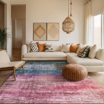 Kokia Abstract Area Rugs 8x10 Bedroom Soft Living Room Rugs Washable Distressed Vintage Comfy Red Carpet with Non-Slip Backing for Farmhouse Home Office Room Decor, Oslo Orchid