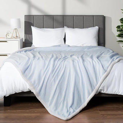 PAVILIA Sherpa Fleece Throw Blanket for Couch, Light Blue, Plush Soft Fuzzy Sofa Blanket, Cozy Reversible Winter Throw for Women Men, 50x60 Inches