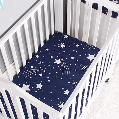 Belsden Pack of 3 Mini Crib Sheet Set, Pack N Play Sheet Set for Baby Boys and Girls, Cloudy Soft Touch and Machine Washable, Fitted Playard/Portable Crib Sheet, White Star & Navy & Navy Star