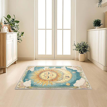 2x3 Sun and Moon Entryway Area Rug Blue Yellow Hippie Celestial Bathroom Rug Non-Slip Machine Washable Low Pile Small Carpet Kitchen Bedroom Door Mat Entrance