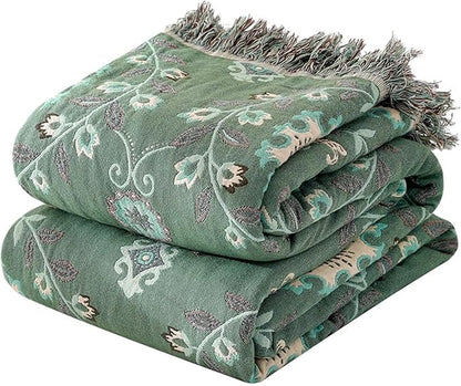 MSGKV Green Boho Throw Blanket for Bed Couch,100% Cotton Mexican Picnic Blankets Travel Blanket 80''x 90'', Super Soft Lightweight Muslin Blanket for Bedroom Living Room Boho Decor