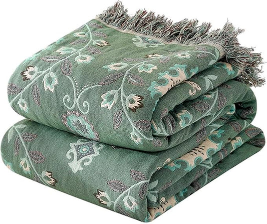 MSGKV Green Boho Throw Blanket for Bed Couch,100% Cotton Mexican Picnic Blankets Travel Blanket 80''x 90'', Super Soft Lightweight Muslin Blanket for Bedroom Living Room Boho Decor