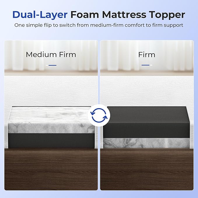 Cooling Mattress Topper Full Size 3 Inch, Cooling Gel & Bamboo Charcoal Memory Foam Mattress Topper for Back Pain Relief, Firm Dual-Layer Foam Bed Pad with Removable Cover