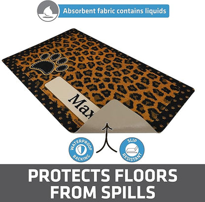 Drymate Personalized Pet Bowl Placemat, Custom Dog & Cat Food Feeding Mat - Absorbent Fabric, Waterproof Backing - Machine Washable/Durable (USA Made) (12" x 20") (Leopard Tan)