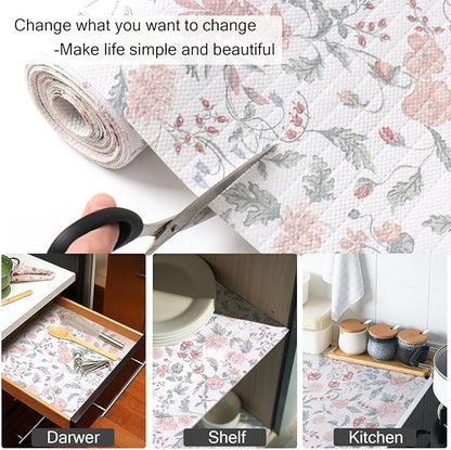 Floral Drawer and Shelf Liner for Cabinets, 12IN x 20FT Non-Adhesive and Strong Non-Slip Shelf Cabinet Drawer Liners for Kitchen, Table,Bookshelves,Waterproof Cupboard Liners,Easy to Clean