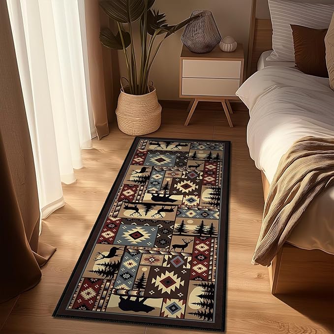 Rustic Cabin Wildlife Runner Rug 2x5,Buffalo Plaid Bear Moose Deer Country,Vintage Throw Carpet Washable Kitchen Rugs Farmhouse Hallway Runners Non Slip Floor Accent Carpet for Entryway Bedroom