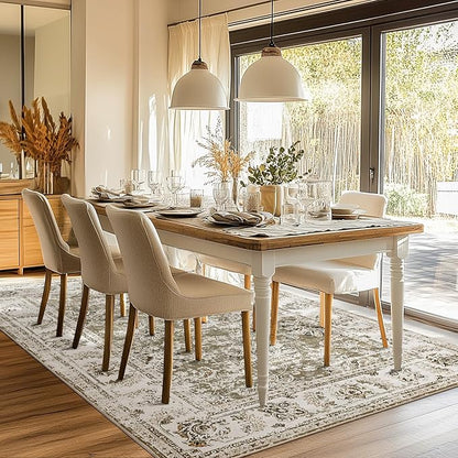 jinchan Fiora Washable Area Rug 8x10 for Living Room - Soft Faux Wool Ultra-Thin Stain Resistant Non-Slip Distressed Vintage Floral Large Carpet for Bedroom, Home Office, Nursery(Taupe, 8'x10')