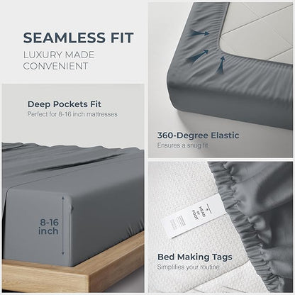 THREAD SPREAD 100% Egyptian Cotton Split King Sheets Sets for Adjustable Bed - Luxury 1500 Thread Count Split Top King Sheets (5 PC, Dark Grey), Soft, Cooling, Sateen Weave 17" Deep Pocket Sheet Set