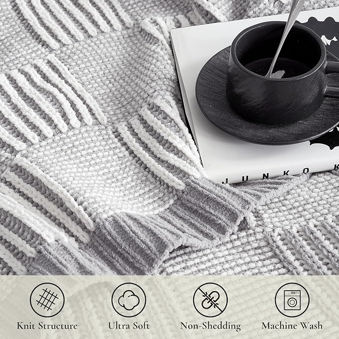 Amélie Home Checkered Knit Throw Blanket for Couch, Chenille Texture Decorative Soft Blanket for Sofa & Chair, 50"x60", Grey & White