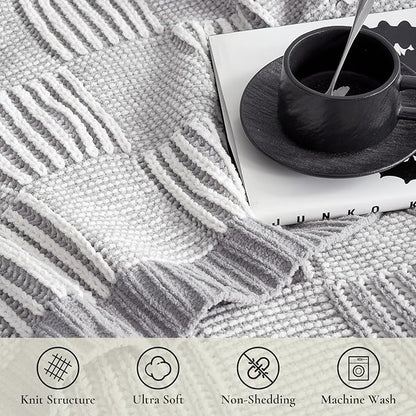 Amélie Home Checkered Knit Throw Blanket for Couch, Chenille Texture Decorative Soft Blanket for Sofa & Chair, 50"x60", Grey & White
