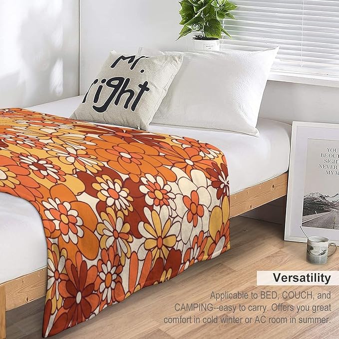 Vintage 70s Throw Blanket, Boho Hippie Bright Orange Flowers Groovy Abstract Funny Art Print Blanket for Couch Sofa Bed 30"x40"