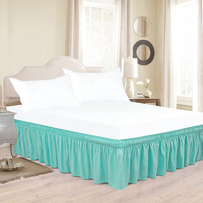 Biscaynebay Wrap Around Bed Skirts for King & Cal King Beds with Short Drop of 12", Aqua Adjustable Elastic Dust Ruffles Easy Fit Wrinkle Resistant Silky Luxurious Fabric Machine Washable