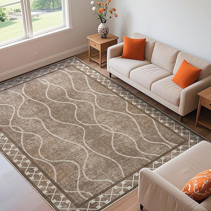 4x6 Area Rugs for Bedroom Living Room, Machine Washable Low Pile Rugs, Non Slip Modern Bordered Print Indoor Carpet for Entryway Office Dining Room Dorm Home Decor, Brown