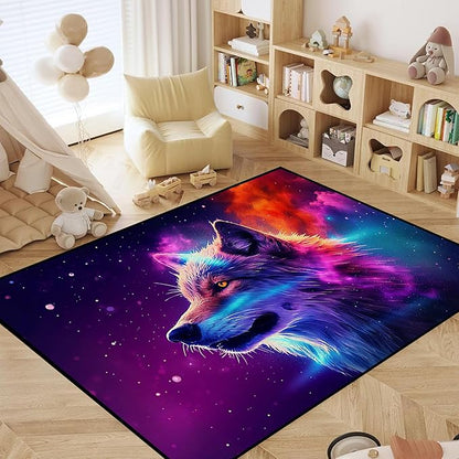 Galaxy Wolf Rug Large 3D Fierce Wolves Area Rugs for Bedroom Living Room Playroom Gameroom Boys Kids Colorful Glitter Throw Rugs Floor Mat Carpet 71 in x 47 in