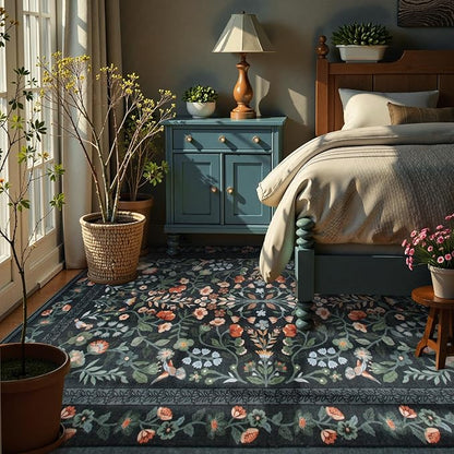 Lahome Floral Washable Rug 5x7, Black Rug for Bedroom Non-Slip Stain Resistant Soft Carpet for Living Room, Vintage Botanical Print Low-Pile Carpet for Kitchen Office Entryway, Black