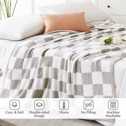WRENSONGE Checkered Throw Blanket, Light Grey Soft Cozy Fluffy Warm Hand Made Throw Blankets for Couch, Sofa, Chair, Bed, Camping, Picnic, Travel Lightweight Bed Blanket - 60 * 80