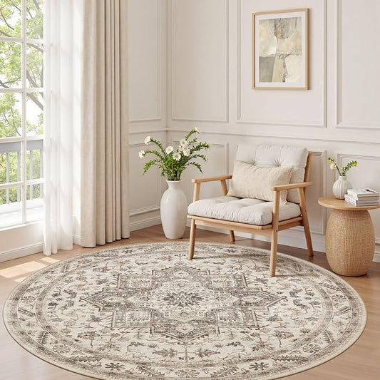 6ft Round Vintage Living Room Area Rug - 6x6 Large Soft Washable Oriental Traditional Distressed Farmhouse Rugs for Bedroom - Indoor Floor Accent Carpet for Home Office House Decor - Light Brown