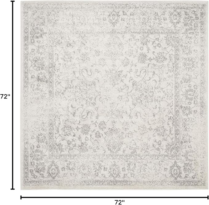 SAFAVIEH Adirondack Collection Area Rug - 6' Square, Ivory & Silver, Distressed Vintage Floral Design, Non-Shedding & Easy to Clean, Ideal for Living Room, Bedroom, Dining Space (ADR109C)