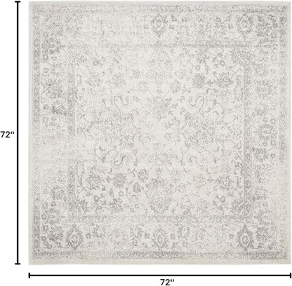 SAFAVIEH Adirondack Collection Area Rug - 6' Square, Ivory & Silver, Distressed Vintage Floral Design, Non-Shedding & Easy to Clean, Ideal for Living Room, Bedroom, Dining Space (ADR109C)