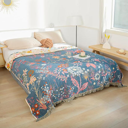 MSGKV Boho Throw Blanket for Couch Chair 100% Cotton Floral Blanket 50"x60" Sofa Blankets Lightweight Farmhouse Muslin Breathable Bed Blankets Home Decor All Seasons
