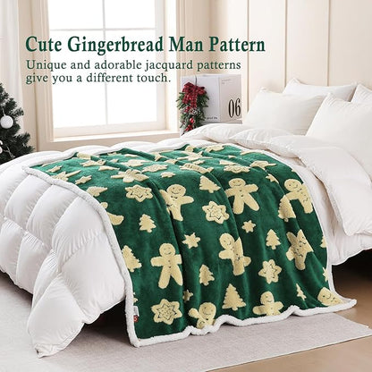 SOCHOW Christmas Gingerbread Holiday Jacquard Sherpa Fleece Throw Blanket, Fuzzy Warm Super Soft Reversible Plush Blanket for Bed, Sofa and Couch, 50 x 60 inches, Green
