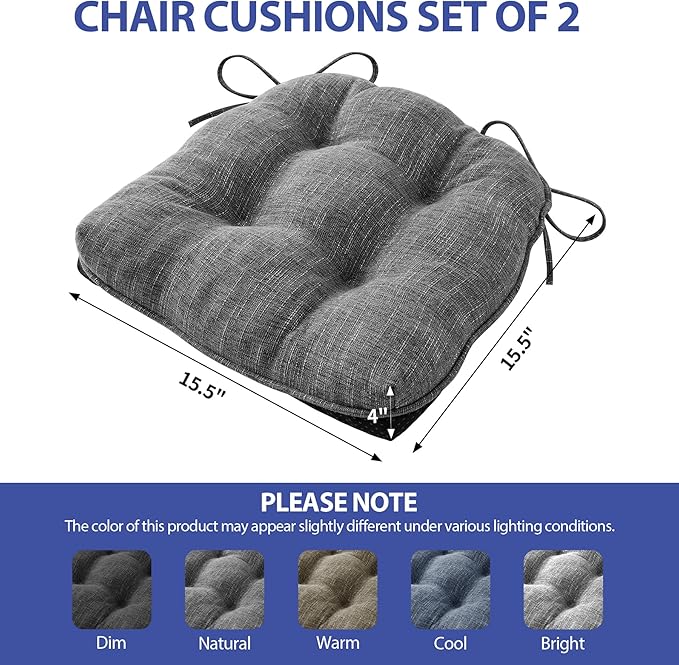 Chair Cushions for Dining Chairs Set of 2, Kitchen Chair Cushions, Chair Pads with Ties and Non Slip Backing, Tufted Memory Foam Seat Cushion 2 Pack, 15.5" x 15.5" x 4", Dark Gray