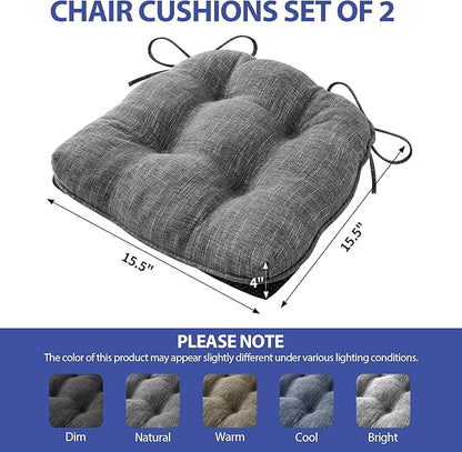Chair Cushions for Dining Chairs Set of 2, Kitchen Chair Cushions, Chair Pads with Ties and Non Slip Backing, Tufted Memory Foam Seat Cushion 2 Pack, 15.5" x 15.5" x 4", Dark Gray