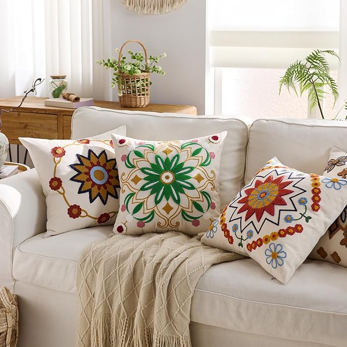 Embroidered Throw Pillow Cover 22x22 Classic Boho Floral Pattern Pillows Cover Outdoor Decorative Pillowcase,Durable Cozy Textured Cushion Case for Sofa Couch Bed Living Room,Green Yellow