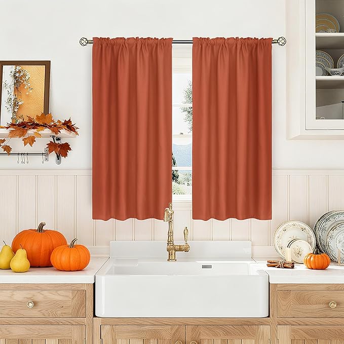 BGment Blackout Fall Kitchen Curtains Window Over Sink - Short Thermal Insulated Drapes with Rod Pocket Privacy for Cafe Bathroom Window, Terracotta, 34 x 45 Inch, 2 Panels
