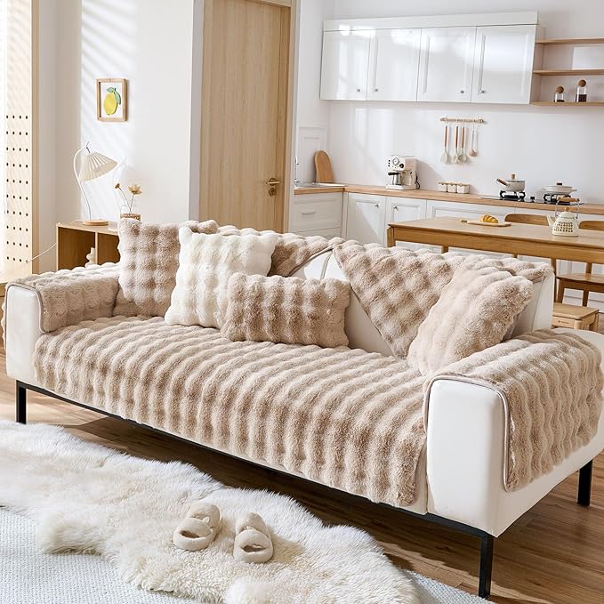 Faux Fur Couch Cover Fuzzy Soft Plush Thick Bubble Sofa Cover Luxury Sectional Couch Covers Luxury Anti-Slip Sofa Slipcover Washable Furniture Protector (Khaki,36"x47")