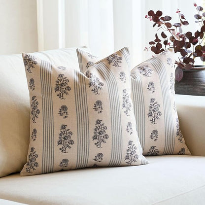 Amor Virisso Floral Throw Pillow Covers 20x20 Set of 2 Block Print Pillow Covers Neutral Floral Striped Farmhouse Decorative Pillow Covers for Sofa Couch Bed, Light Blue