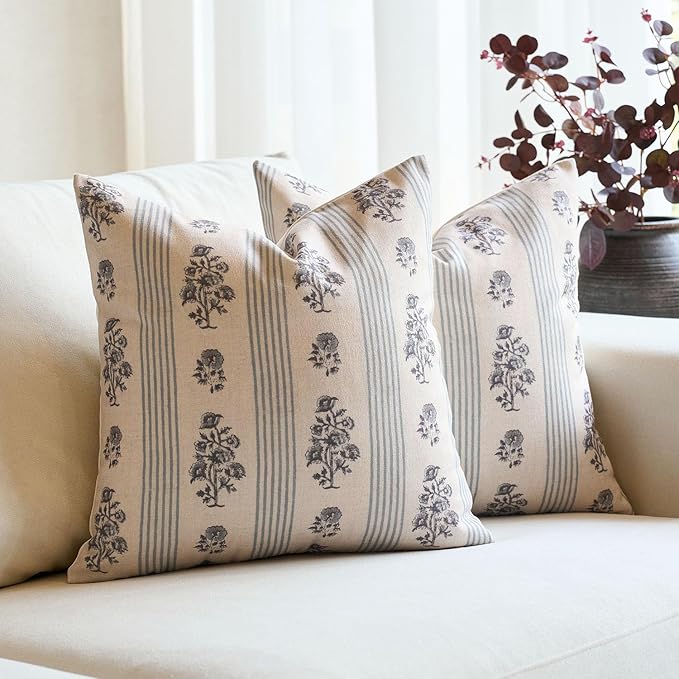 Amor Virisso Floral Throw Pillow Covers 24x24 Set of 2 Block Print Pillow Covers Neutral Floral Striped Farmhouse Decorative Pillow Covers for Sofa Couch Bed, Light Blue