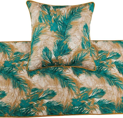 The HomeCentric King/Queen/Twin Green Decorative CA King 86"x18" Bed Runner with Pillow Cover, Plam Leaves & Quilted Bed Scarf on Satin Fabric - Palms