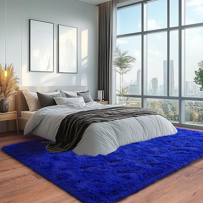 Extra Large 9x12 Feet Fuzzy Rug Blue Fluffy Rug for Living Room, Big Plush Non-Skid Shag Carpet, Soft Shaggy Rugs for Bedroom Indoor Modern Home Decor