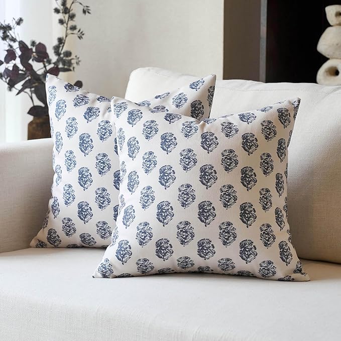 DOMVITUS Set of 2 Floral Pillow Covers 24x24, Block Print Pillow Covers Vintage Neutral Decorative Farmhouse Throw Pillow Covers for Couch Bed Living Room Dusty Blue