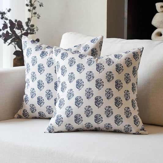 DOMVITUS Set of 2 Floral Pillow Covers 24x24, Block Print Pillow Covers Vintage Neutral Decorative Farmhouse Throw Pillow Covers for Couch Bed Living Room Dusty Blue