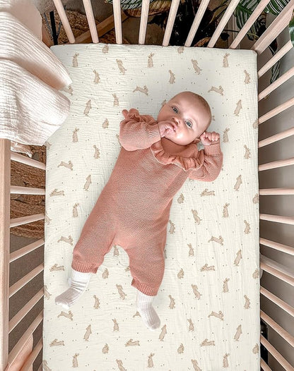 Bassinet Sheet for Baby Boy and Girl 2 Pack, Fitted Sheets for Rectangle, Oval, Hourglass Bassinet Mattress, Muslin Moses Basket Sheets with Neutral Style (Hopping Bunnies & Beige)