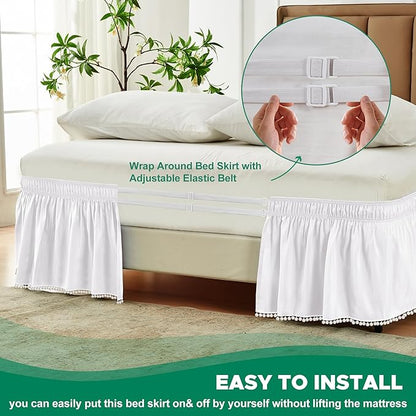 Biscaynebay Queen Bed Skirt 15 inch Drop-White Dust Ruffle Bedskirt with Pompoms-Wrap Around Bed Skirting Easy Fit Elastic Strap-Silky Luxurious Fabric Wrinkle Free-for Women Men Kids