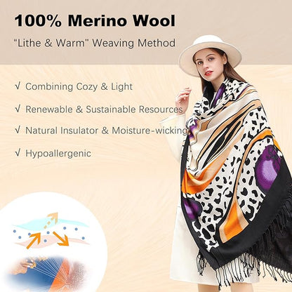 DANA XU 100% Merino Wool Pashmina Shawl for Women 96"x43", Oversized Cashmere Wrap with Tassels, Floral Travel Blanket Cape