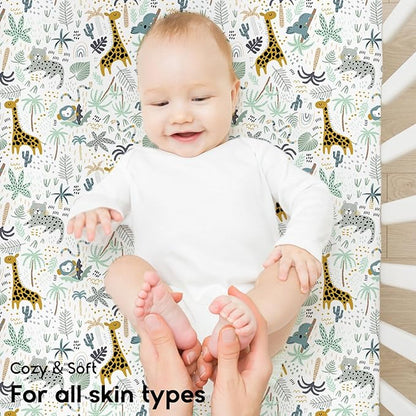 Yoofoss Pack and Play Sheets Fitted, Mini Crib Sheets 2-Pack for Pack N Play Mattress, Stretchy Playard Sheet, Soft and Breathable Green+Giraff