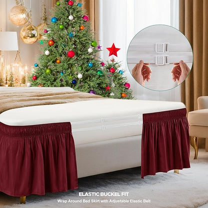 Biscaynebay Wrap Around Bed Skirts for Full & Full XL Beds Short Drop of 12", Burgundy Adjustable Elastic Dust Ruffles Easy Fit Wrinkle Resistant Silky Luxurious Fabric Machine Washable